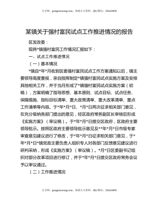 某镇关于强村富民试点工作推进情况的报告
