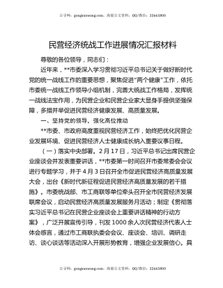 民营经济统战工作进展情况汇报材料