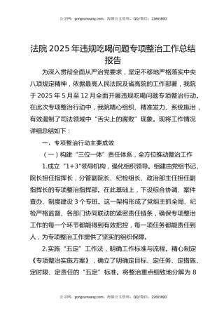 法院2025年违规吃喝问题专项整治工作总结报告