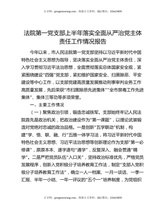 法院第一党支部上半年落实全面从严治党主体责任工作情况报告