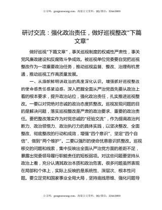 研讨交流：强化政治责任 做好巡视整改“下篇文章”