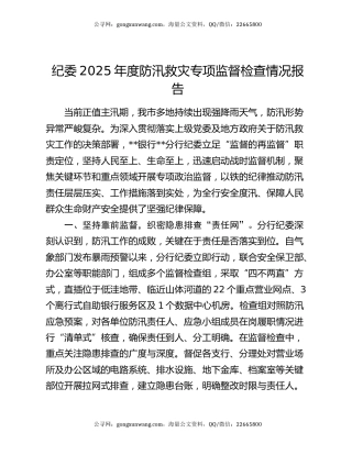纪委2025年度防汛救灾专项监督检查情况报告