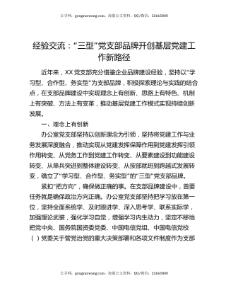 经验交流：“三型”党支部品牌开创基层党建工作新路径