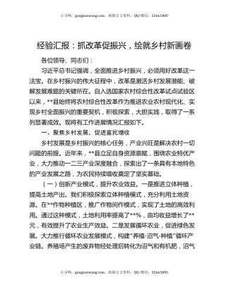 经验汇报：抓改革促振兴  绘就乡村新画卷