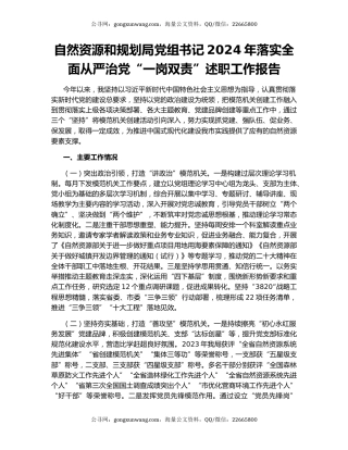 自然资源和规划局党组书记2024年落实全面从严治党“一岗双责”述职工作报告