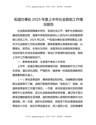 街道办事处2025年度上半年社会救助工作情况报告