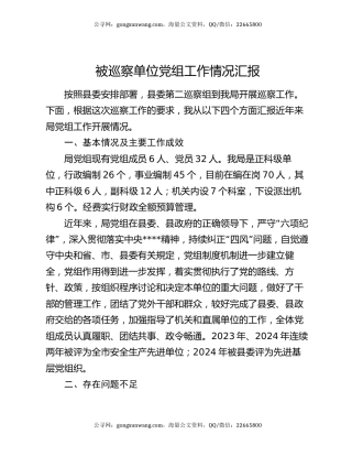 被巡察单位党组工作情况汇报