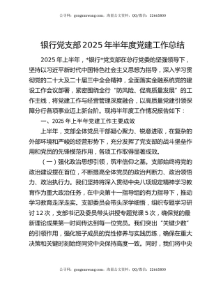 银行党支部2025年半年度党建工作总结