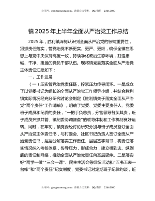 镇2025年上半年全面从严治党工作总结
