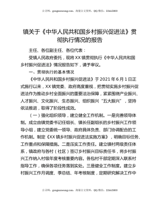镇关于《中华人民共和国乡村振兴促进法》贯彻执行情况的报告