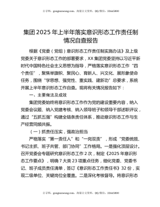 集团2025年上半年落实意识形态工作责任制情况自查报告