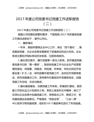 2017年度公司党委书记党建工作述职报告（二）