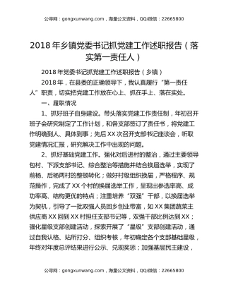 2018年乡镇党委书记抓党建工作述职报告（落实第一责任人）