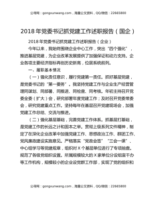 2018年党委书记抓党建工作述职报告（国企）