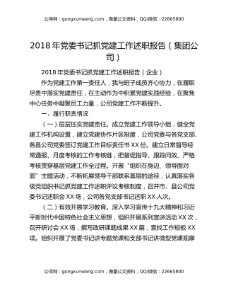 2018年党委书记抓党建工作述职报告（集团公司）
