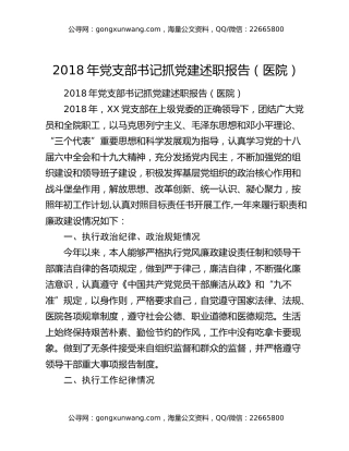 2018年党支部书记抓党建述职报告（医院）