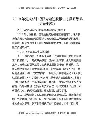 2018年党支部书记抓党建述职报告（县区级机关党支部）