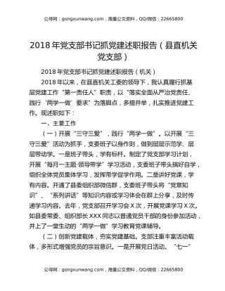 2018年党支部书记抓党建述职报告（县直机关党支部）
