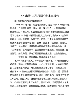 XX市委书记述职述廉述学报告
