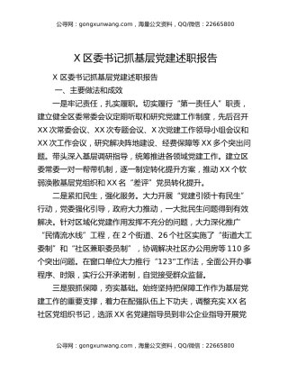 X区委书记抓基层党建述职报告
