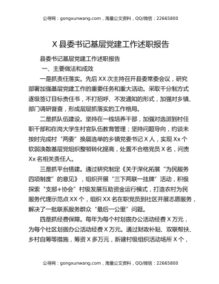 X县委书记基层党建工作述职报告