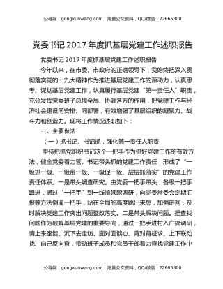 党委书记2017年度抓基层党建工作述职报告
