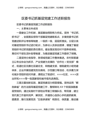 区委书记抓基层党建工作述职报告