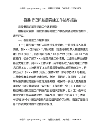 县委书记抓基层党建工作述职报告563