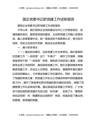 国企党委书记抓党建工作述职报告