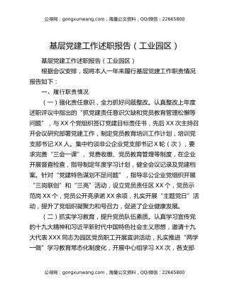 基层党建工作述职报告（工业园区）