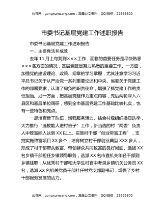 市委书记基层党建工作述职报告