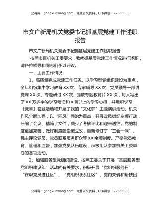 市文广新局机关党委书记抓基层党建工作述职报告