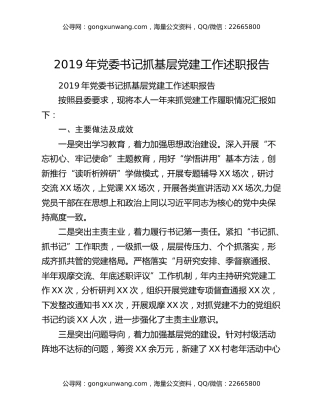 2019年党委书记抓基层党建工作述职报告