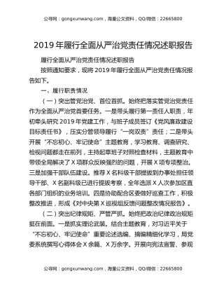 2019年履行全面从严治党责任情况述职报告