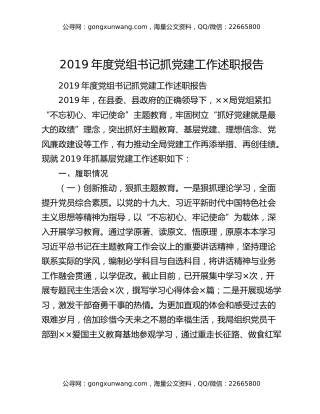 2019年度党组书记抓党建工作述职报告