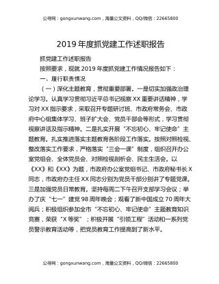2019年度抓党建工作述职报告
