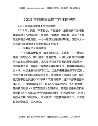 2019年抓基层党建工作述职报告