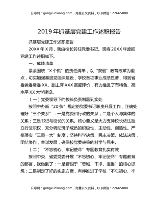 2019年抓基层党建工作述职报告（4）