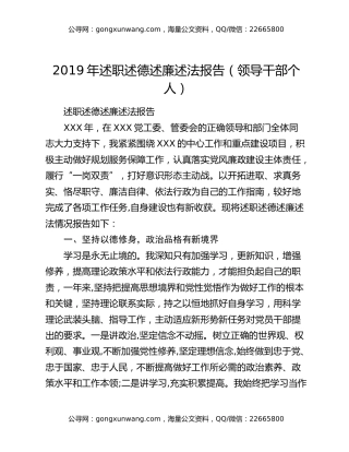 2019年述职述德述廉述法报告（领导干部个人）