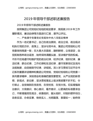 2019年领导干部述职述廉报告