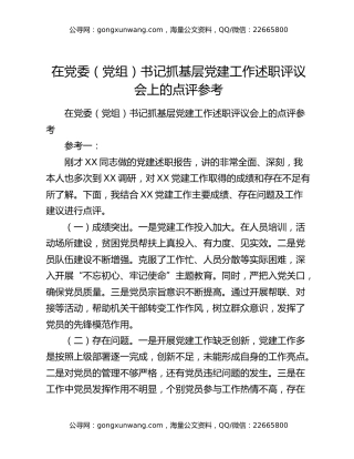 在党委（党组）书记抓基层党建工作述职评议会上的点评参考