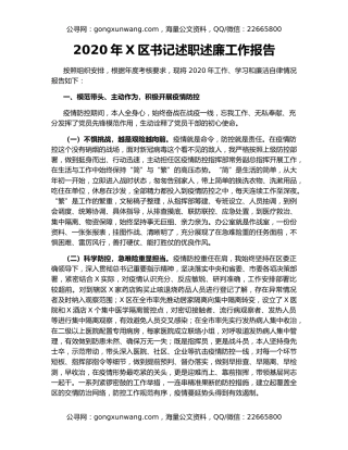2020年X区书记述职述廉工作报告