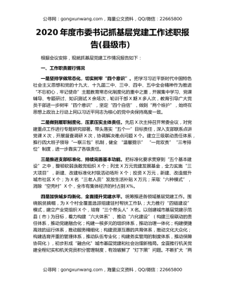 2020年度市委书记抓基层党建工作述职报告(县级市）