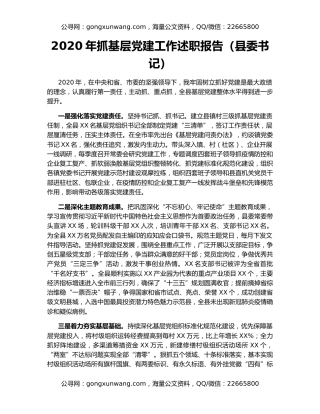 2020年抓基层党建工作述职报告（县委书记）
