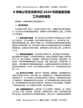 X供电公司党支部书记2020年抓基层党建工作述职报告