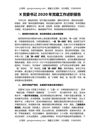 X党委书记2020年党建工作述职报告