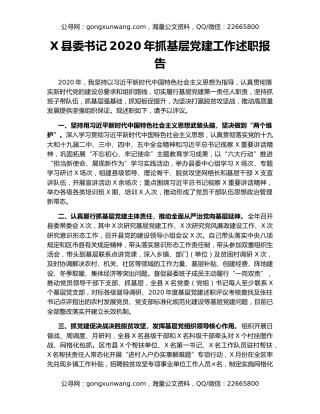 X县委书记2020年抓基层党建工作述职报告