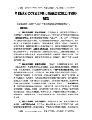 X县政府办党支部书记抓基层党建工作述职报告