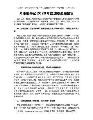X市委书记2020年度述职述廉报告