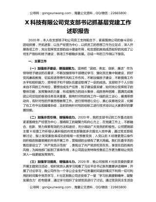 X科技有限公司党支部书记抓基层党建工作述职报告